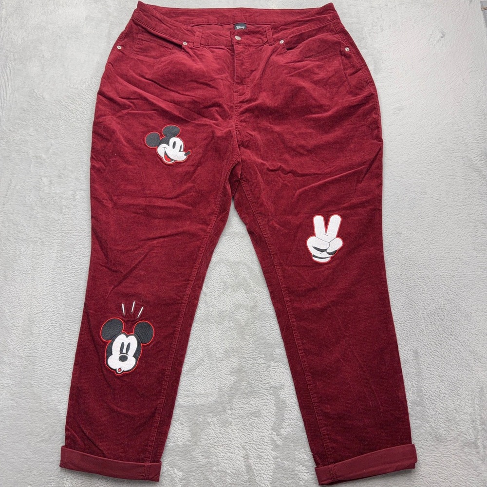 Disney Corduroy Pants Womens 16 Burgundy Mickey Mouse Embroidered Peace Sign Red